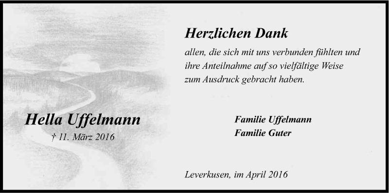  Traueranzeige für Hella Uffelmann vom 16.04.2016 aus Kölner Stadt-Anzeiger / Kölnische Rundschau / Express