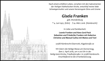 Anzeige von Gisela Franken von Kölner Stadt-Anzeiger / Kölnische Rundschau / Express
