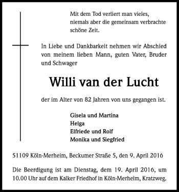 Anzeige von Willi van der Lucht von Kölner Stadt-Anzeiger / Kölnische Rundschau / Express