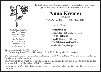 Anzeige von Anna Kremer von  Werbepost 