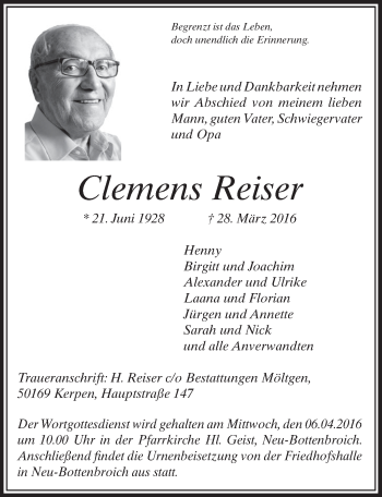 Anzeige von Clemens Reiser von  Sonntags-Post 