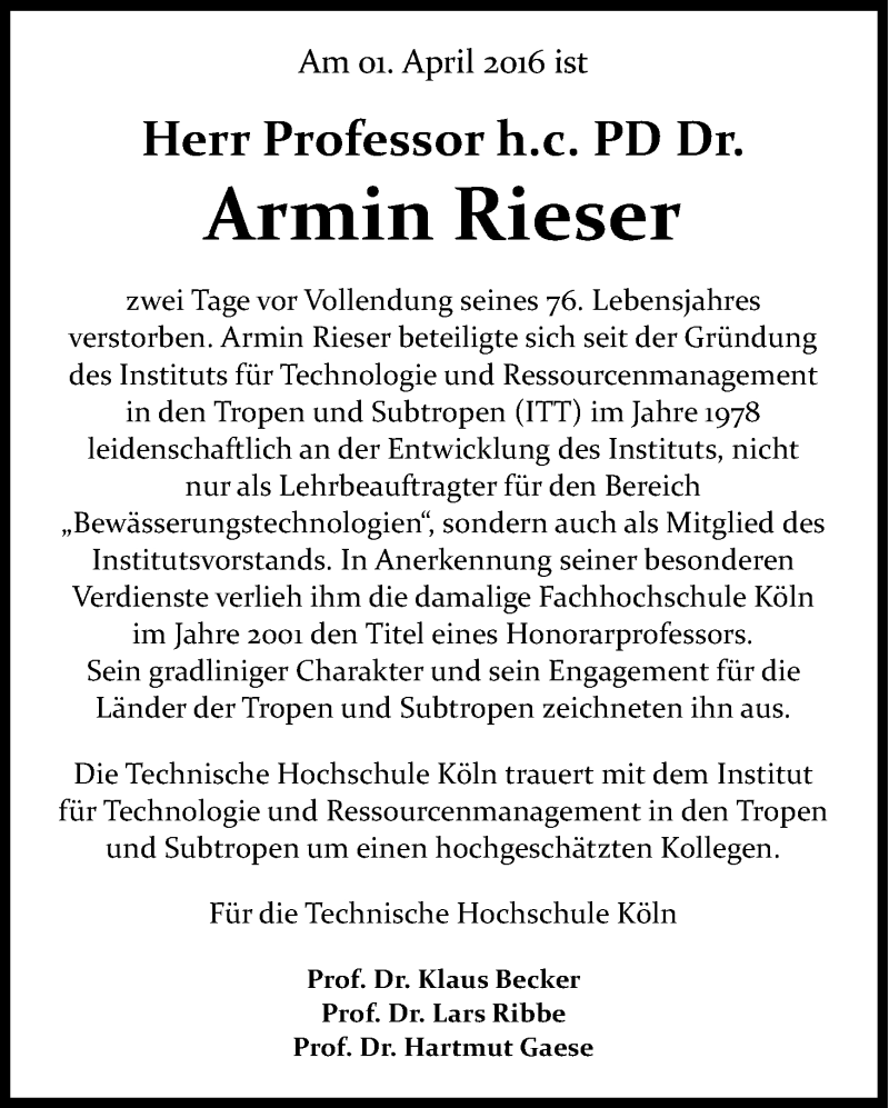  Traueranzeige für Armin Rieser vom 14.04.2016 aus Kölner Stadt-Anzeiger / Kölnische Rundschau / Express