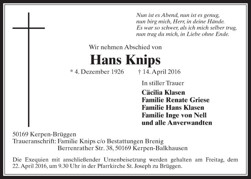  Traueranzeige für Hans Knips vom 20.04.2016 aus  Werbepost 