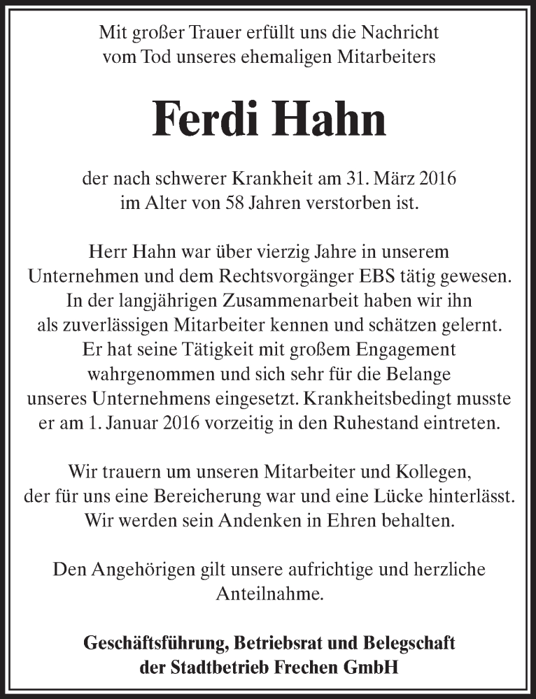  Traueranzeige für Ferdi Hahn vom 09.04.2016 aus  Sonntags-Post 