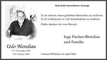 Anzeige von Udo Blondiau von Kölner Stadt-Anzeiger / Kölnische Rundschau / Express