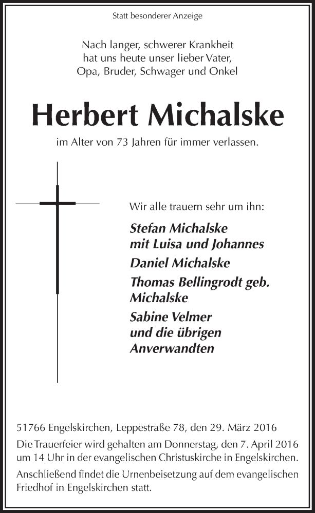  Traueranzeige für Herbert Michalske vom 06.04.2016 aus  Anzeigen Echo 