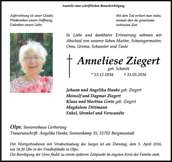 Anzeige von Anneliese Ziegert von Kölner Stadt-Anzeiger / Kölnische Rundschau / Express