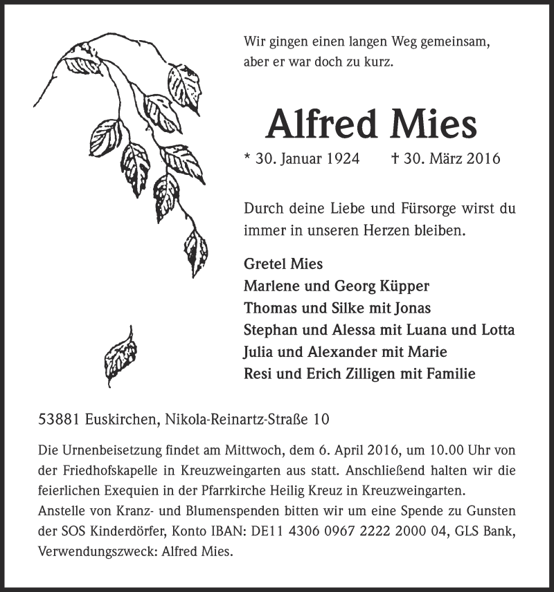  Traueranzeige für Alfred Mies vom 02.04.2016 aus  Blickpunkt Euskirchen 