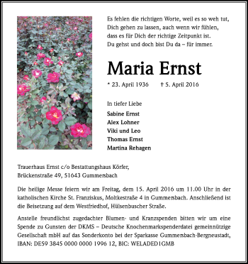 Anzeige von Maria Ernst von Kölner Stadt-Anzeiger / Kölnische Rundschau / Express