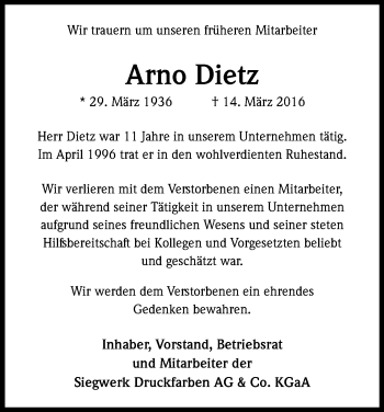 Anzeige von Arno Dietz von Kölner Stadt-Anzeiger / Kölnische Rundschau / Express