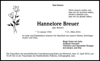 Anzeige von Hannelore Breuer von Kölner Stadt-Anzeiger / Kölnische Rundschau / Express