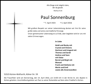 Anzeige von Paul Sonnenburg von Kölner Stadt-Anzeiger / Kölnische Rundschau / Express