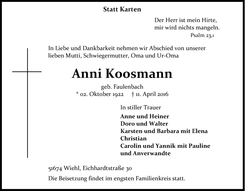  Traueranzeige für Anni Koosmann vom 13.04.2016 aus Kölner Stadt-Anzeiger / Kölnische Rundschau / Express