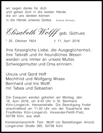 Anzeige von Elisabeth Wolff von Kölner Stadt-Anzeiger / Kölnische Rundschau / Express