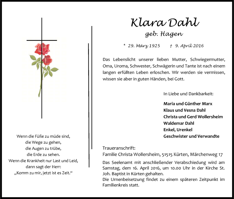  Traueranzeige für Klara Dahl vom 14.04.2016 aus Kölner Stadt-Anzeiger / Kölnische Rundschau / Express