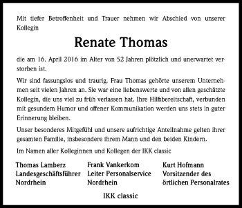 Anzeige von Renate Thomas von Kölner Stadt-Anzeiger / Kölnische Rundschau / Express
