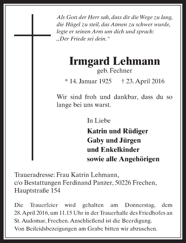  Traueranzeige für Irmgard Lehmann vom 27.04.2016 aus  Wochenende 