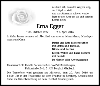 Anzeige von Erna Egger von Kölner Stadt-Anzeiger / Kölnische Rundschau / Express