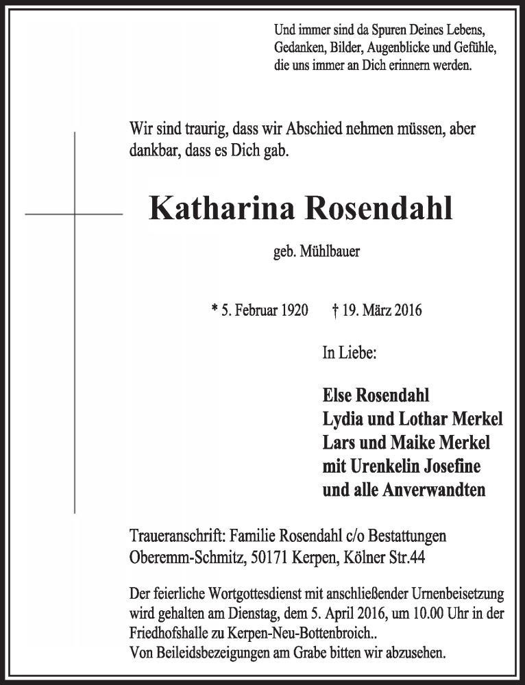  Traueranzeige für Katharina Rosendahl vom 02.04.2016 aus  Sonntags-Post 