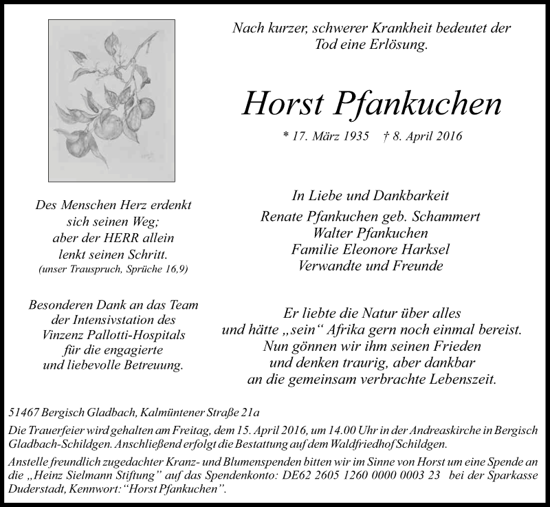  Traueranzeige für Horst Pfankuchen vom 12.04.2016 aus Kölner Stadt-Anzeiger / Kölnische Rundschau / Express