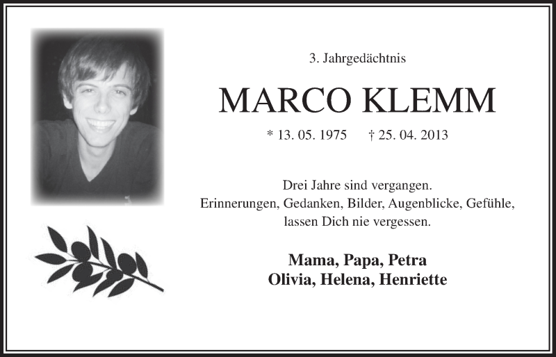  Traueranzeige für Marco Klemm vom 27.04.2016 aus  Anzeigen Echo 