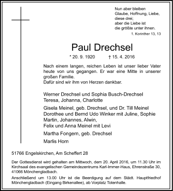Anzeige von Paul Drechsel von Kölner Stadt-Anzeiger / Kölnische Rundschau / Express