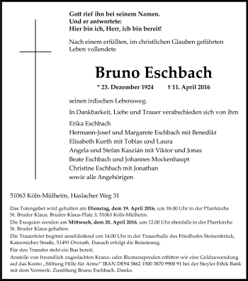Anzeige von Bruno Eschbach von Kölner Stadt-Anzeiger / Kölnische Rundschau / Express