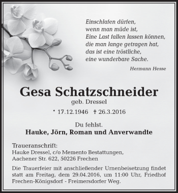 Anzeige von Gesa Schatzschneider von  Sonntags-Post 