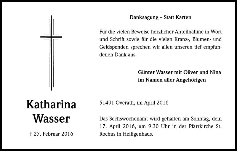  Traueranzeige für Katharina Wasser vom 02.04.2016 aus Kölner Stadt-Anzeiger / Kölnische Rundschau / Express