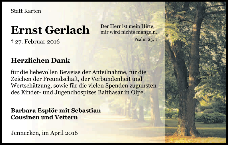 Traueranzeige für Ernst Gerlach vom 16.04.2016 aus Kölner Stadt-Anzeiger / Kölnische Rundschau / Express