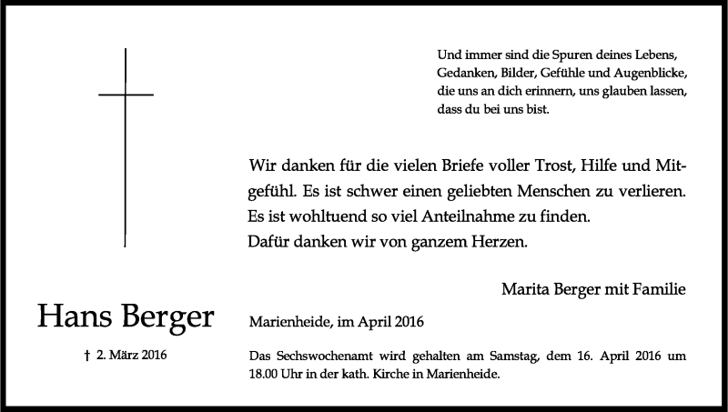  Traueranzeige für Hans Berger vom 15.04.2016 aus Kölner Stadt-Anzeiger / Kölnische Rundschau / Express
