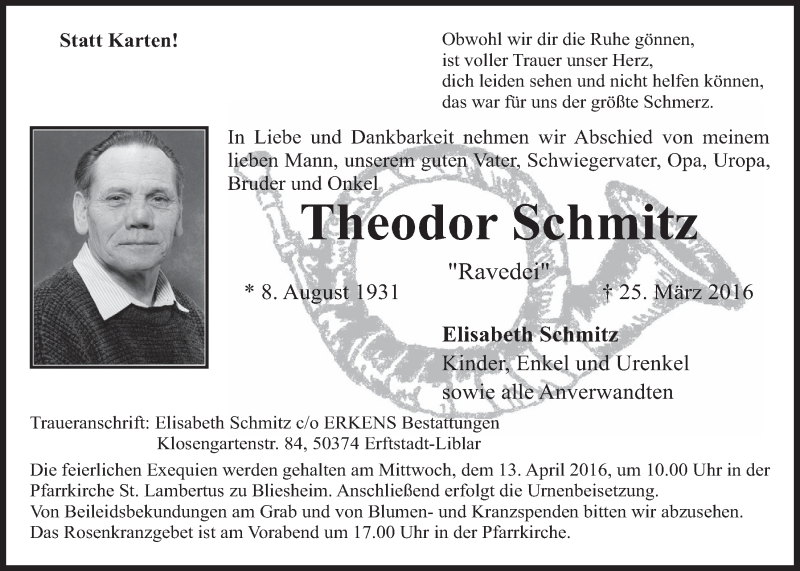  Traueranzeige für Theodor Schmitz vom 06.04.2016 aus  Werbepost 