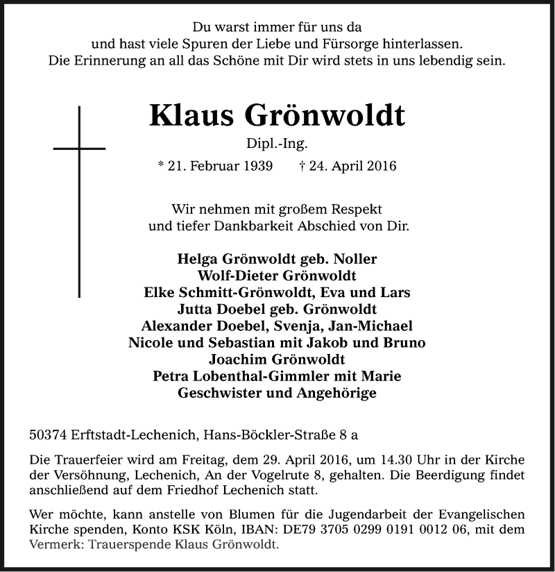  Traueranzeige für Klaus Grönwoldt vom 27.04.2016 aus Kölner Stadt-Anzeiger / Kölnische Rundschau / Express