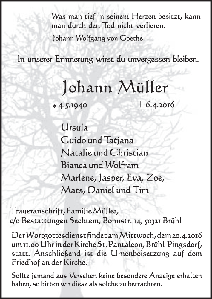  Traueranzeige für Johann Müller vom 13.04.2016 aus  Schlossbote/Werbekurier 