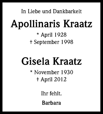 Anzeige von Apollinaris und Gisela Kraatz von Kölner Stadt-Anzeiger / Kölnische Rundschau / Express