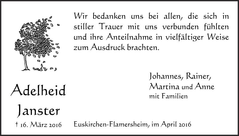  Traueranzeige für Adelheid Janster vom 30.04.2016 aus  Blickpunkt Euskirchen 