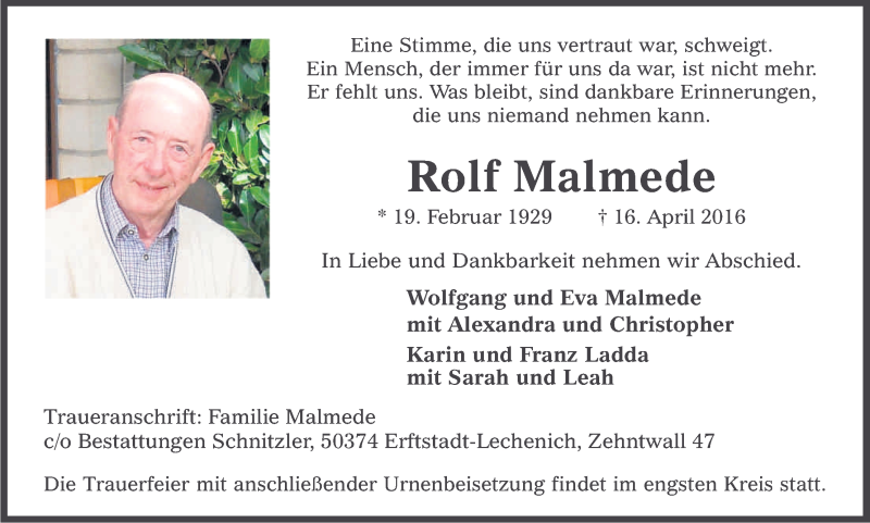  Traueranzeige für Rolf Malmede vom 23.04.2016 aus Kölner Stadt-Anzeiger / Kölnische Rundschau / Express