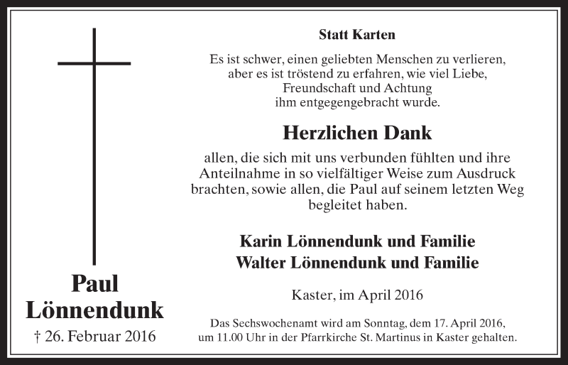  Traueranzeige für Paul Lönnendunk vom 13.04.2016 aus  Werbepost 