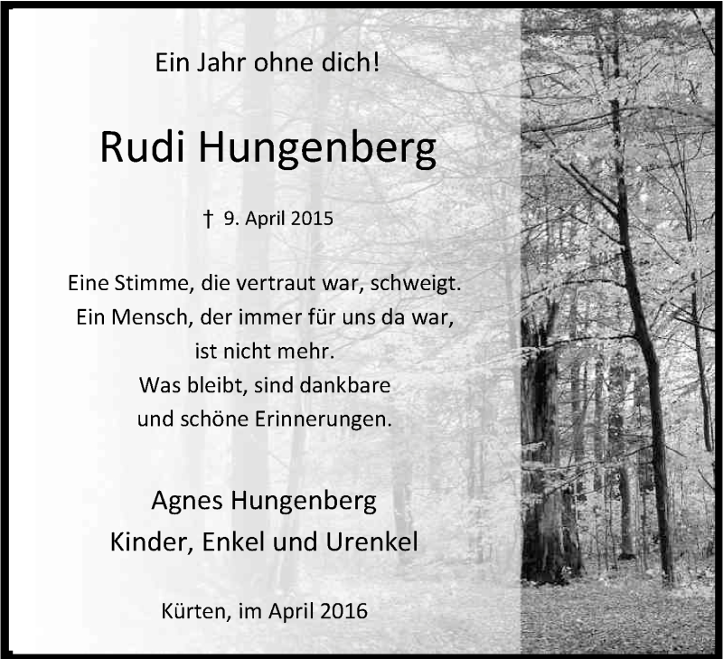  Traueranzeige für Rudi Hungenberg vom 09.04.2016 aus Kölner Stadt-Anzeiger / Kölnische Rundschau / Express