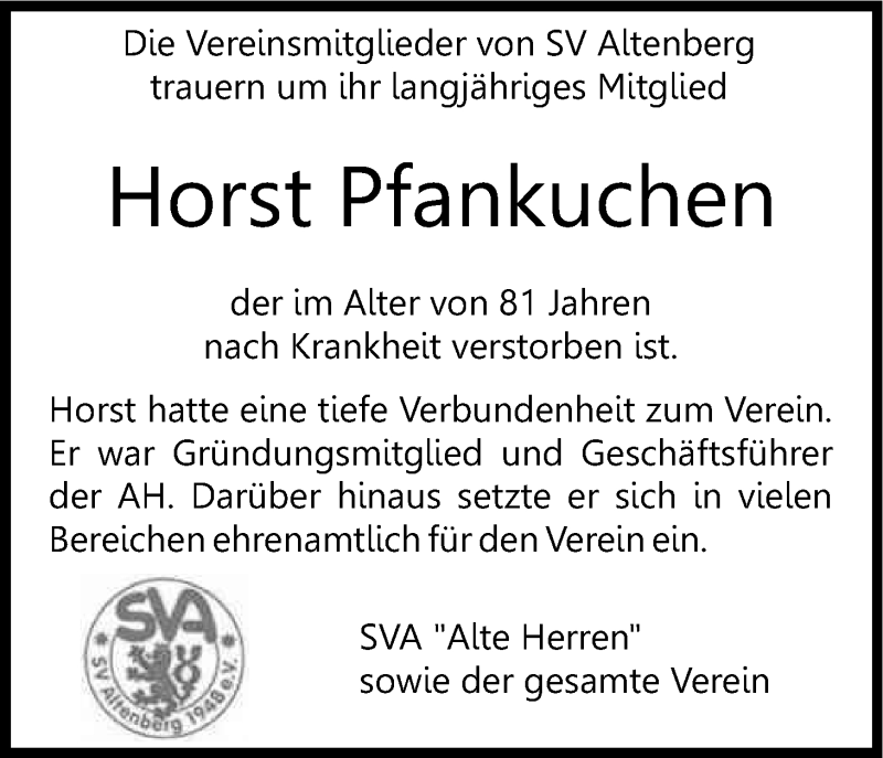  Traueranzeige für Horst Pfankuchen vom 13.04.2016 aus Kölner Stadt-Anzeiger / Kölnische Rundschau / Express