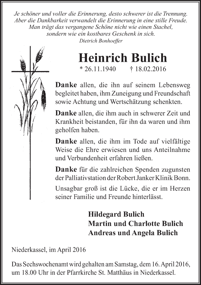  Traueranzeige für Heinrich Bulich vom 06.04.2016 aus  Extra Blatt 