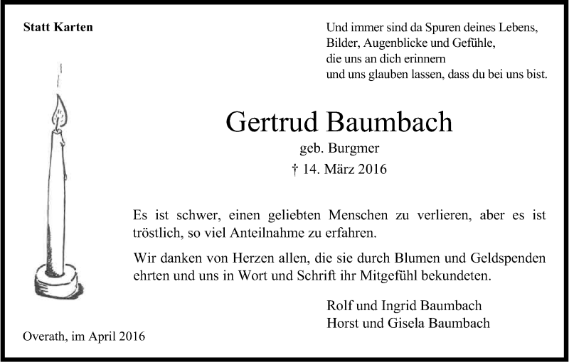 Traueranzeige für Gertrud Baumbach vom 08.04.2016 aus Kölner Stadt-Anzeiger / Kölnische Rundschau / Express