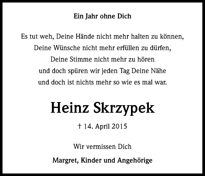  Traueranzeige für Heinz Skrzypek vom 14.04.2016 aus Kölner Stadt-Anzeiger / Kölnische Rundschau / Express