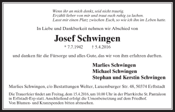 Anzeige von Josef Schwingen von  Sonntags-Post 