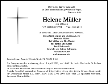 Anzeige von Helene Müller von Kölner Stadt-Anzeiger / Kölnische Rundschau / Express