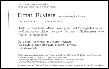 Anzeige von Elmar Ruyters von Kölner Stadt-Anzeiger / Kölnische Rundschau / Express