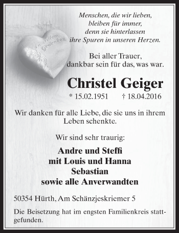 Anzeige von Christel Geiger von  Wochenende 