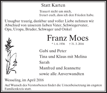 Anzeige von Franz Moes von  Schlossbote/Werbekurier 
