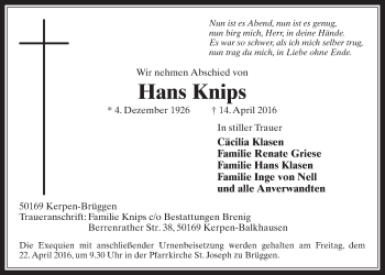 Anzeige von Hans Knips von  Werbepost 