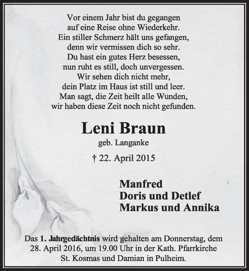  Traueranzeige für Leni Braun vom 16.04.2016 aus  Sonntags-Post 